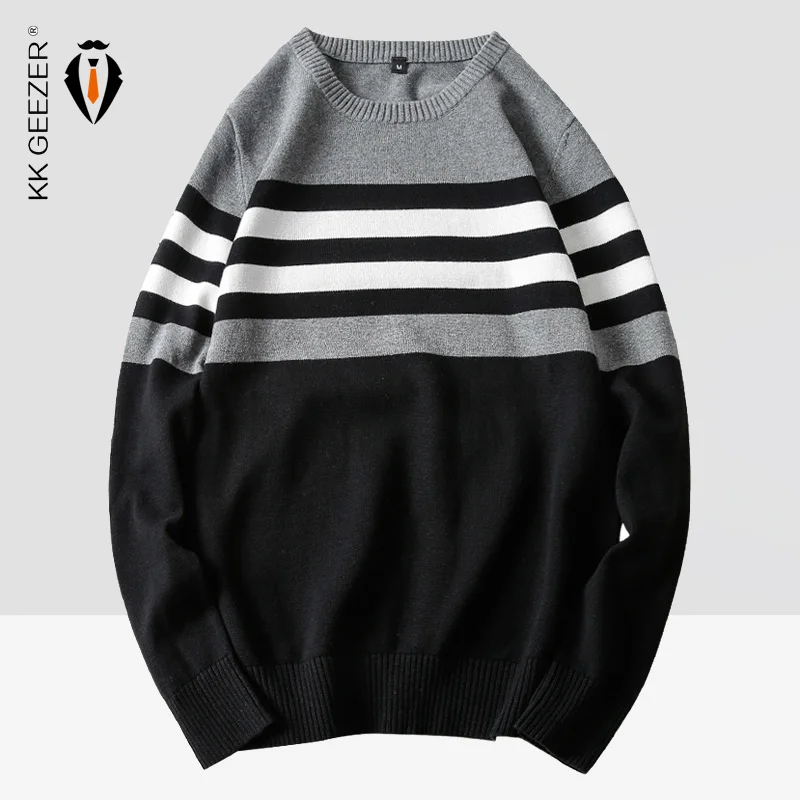 Suéter a rayas para hombre, Jersey 100% de algodón ajustado con cuello redondo, suéteres Vintage de 2020 M-4XL, moda cálida de otoño e invierno