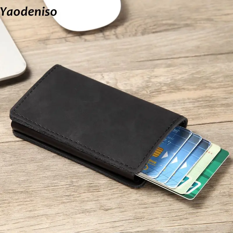 

Men RFID Wallet Blocking Vintage Automatic Leather Credit Card Holder Aluminum Metal Business ID Multifunction Cardholder Wallet