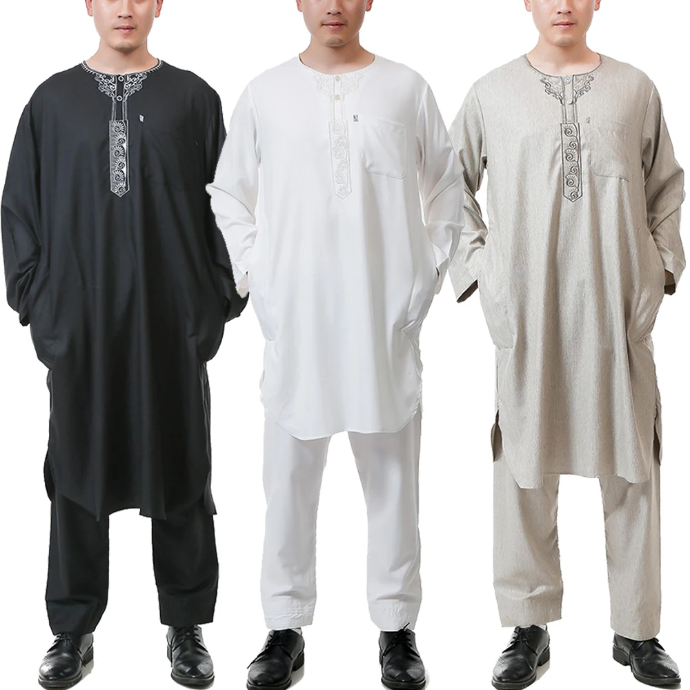 Conjunto de ropa de 2 piezas de thobe árabe para hombre, ropa islámica musulmana, pakistaní, caftán árabe, djellaba, kurta