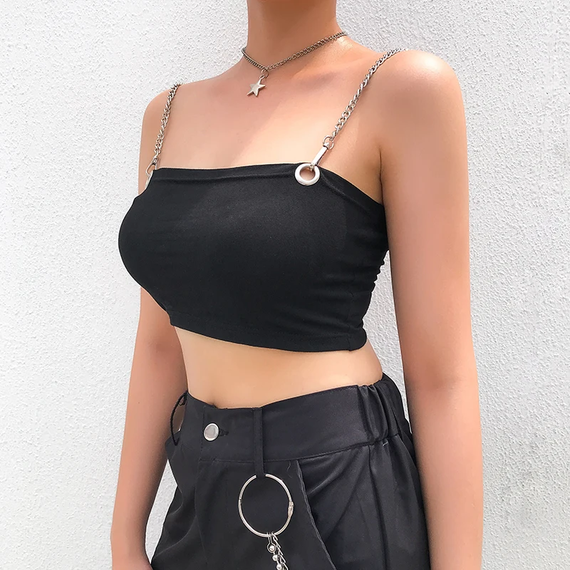 Heyoungirl Harajuku Black Chain Cami Tops Tees Basic Sleeveless Strappy Bustier Summer Top Punk Streetwear Spaghetti Strap Top