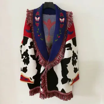 

2020 Spring autumn fashion women's high quality embroidery tassels sweater cardigans Chic women loose knitted coat C505