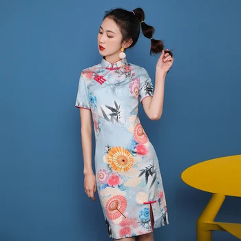 

Retro Style Artistic Girl's Printing Ink Retro Cheongsam Summer New Women's New Cheongsam Short Dress