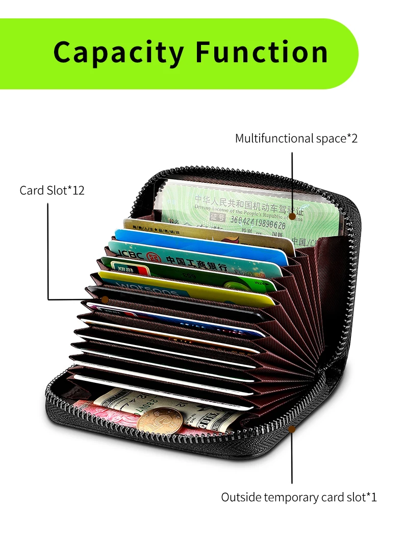 Online NewBring Función de cuero genuino NFC Bloqueo de 12 30 Bits tarjetero Unisex cremallera Banco ID cartera de tarjeta de crédito los hombres de las mujeres