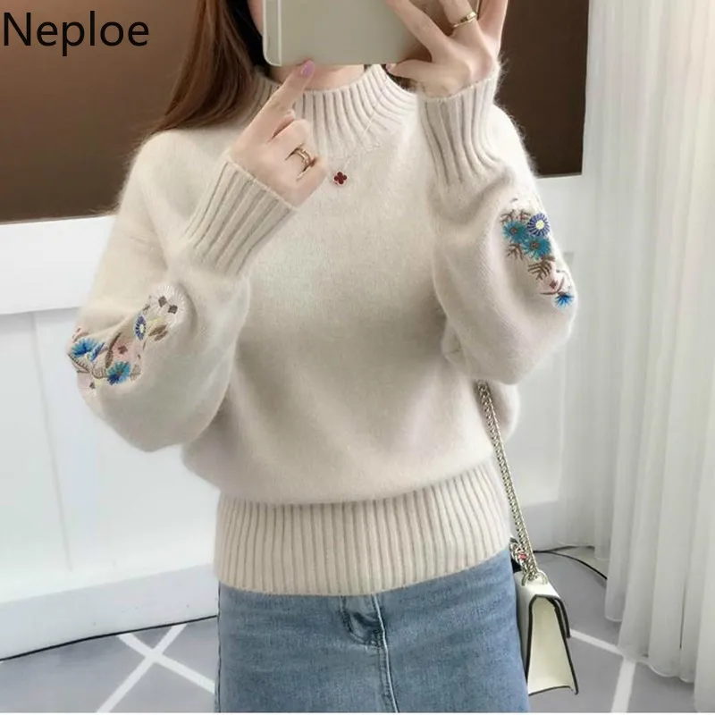 

Neploe Turtleneck Embroidery Women Winter Sweaters Solid Loose Floral Pullover Full Sleeve Jumper Sweater Elegant Sweater 45448