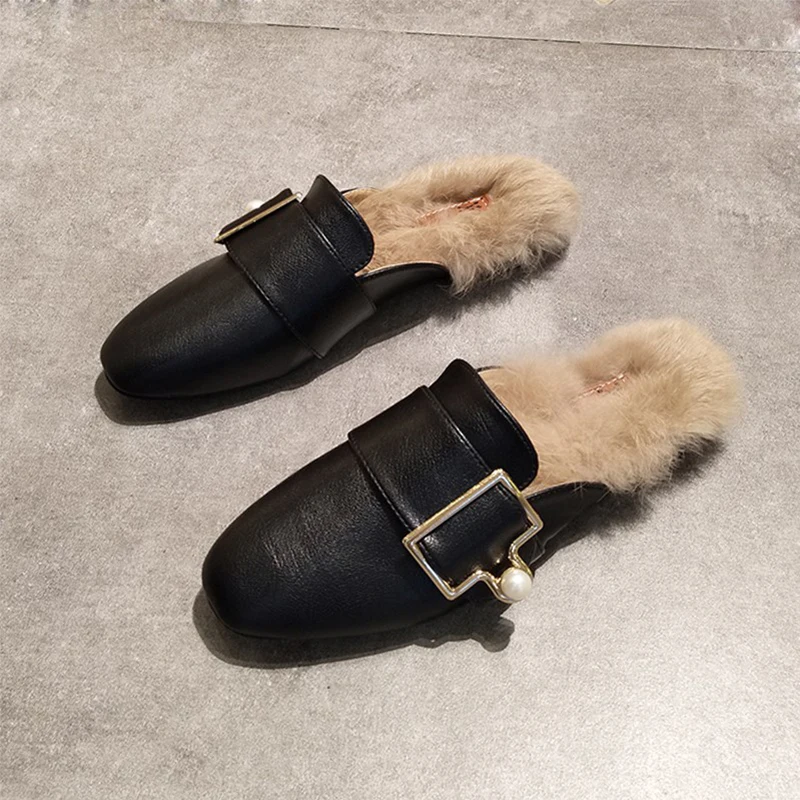 

Shoes Square Toe Slippers Fur Slides String Bead Loafers Fashion Shallow Plush Soft Flat Cover Luxury PU Basic Rubber