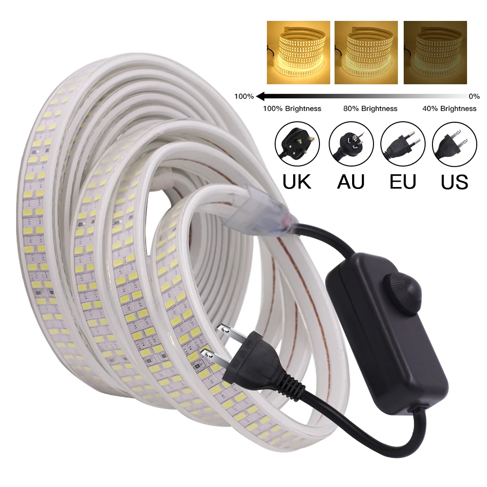 

110V 220V Dimmerable 5730 LED Strip 240Leds/m Double Rows Waterproof Flexible Ribbon Rope Light with Dimmer EU AU UK US Plug Set