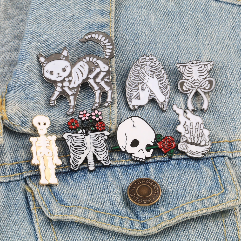Punk Flower Skull Brooch Black White Collection Pin Skeleton Head Rose Cat Coffee Ghost Metal Enamel Pins Clothes Badges Jewelry | Украшения
