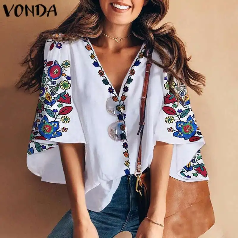 VONDA, Пляжная туника, Женская винтажная блузка с цветочным принтом, Сексуальные вечерние рубашки с v-образным вырезом,, летние повседневные свободные топы размера плюс, Blusas 5XL
