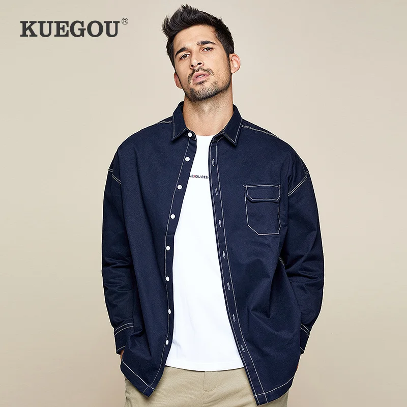KUEGOU 2019 Осенняя хлопковая толстая синяя джинсовая рубашка с карманом мужская