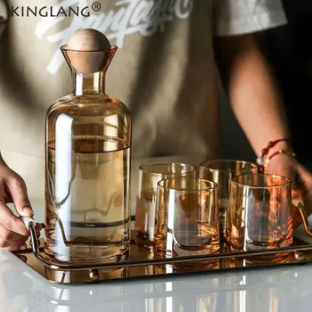 

1Bottle 4Mugs 1 Tray Drinking Cup Set Nordic Heat-Resistant Glass Cups Grey Color Glass Water Cup Set Can on Fire