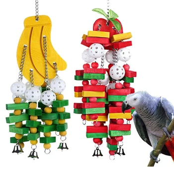 

Fruit Parrot Cage Bite Toys Banana Apple Shpae Wood Chewing Bite Hanging Swing Toys Pet Climb Chew Toy Wholesale