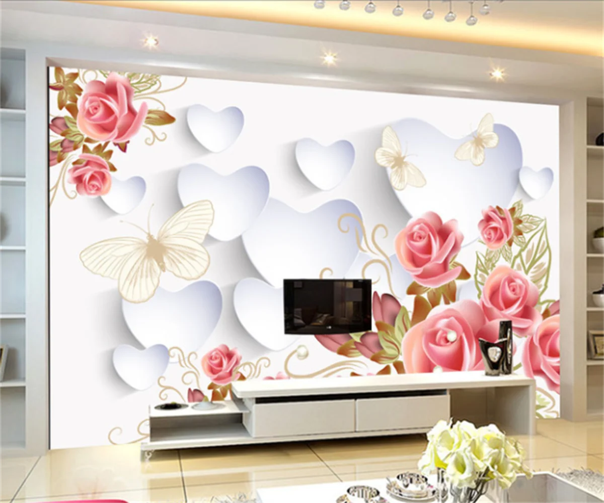 

Nordic 3D Stereo Love Rose Butterfly TV Sofa Bedroom Background Wall Sticker Customize Any Size Wallpaper Mural papel de parede