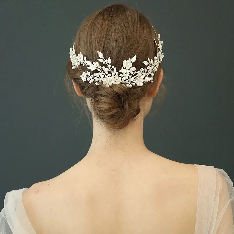 Женский свадебный гребень для волос SLBRIDAL серебристые Стразы с жемчужинами | Украшения для волос -4000390006427
