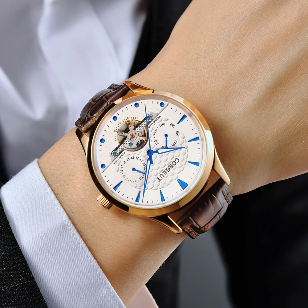 Corgeut Luxus Топ бренд 44 мм Купольные стеклянные часы Rosegold чехол Календарь Мужские автоматические наручные часы relogio masculino