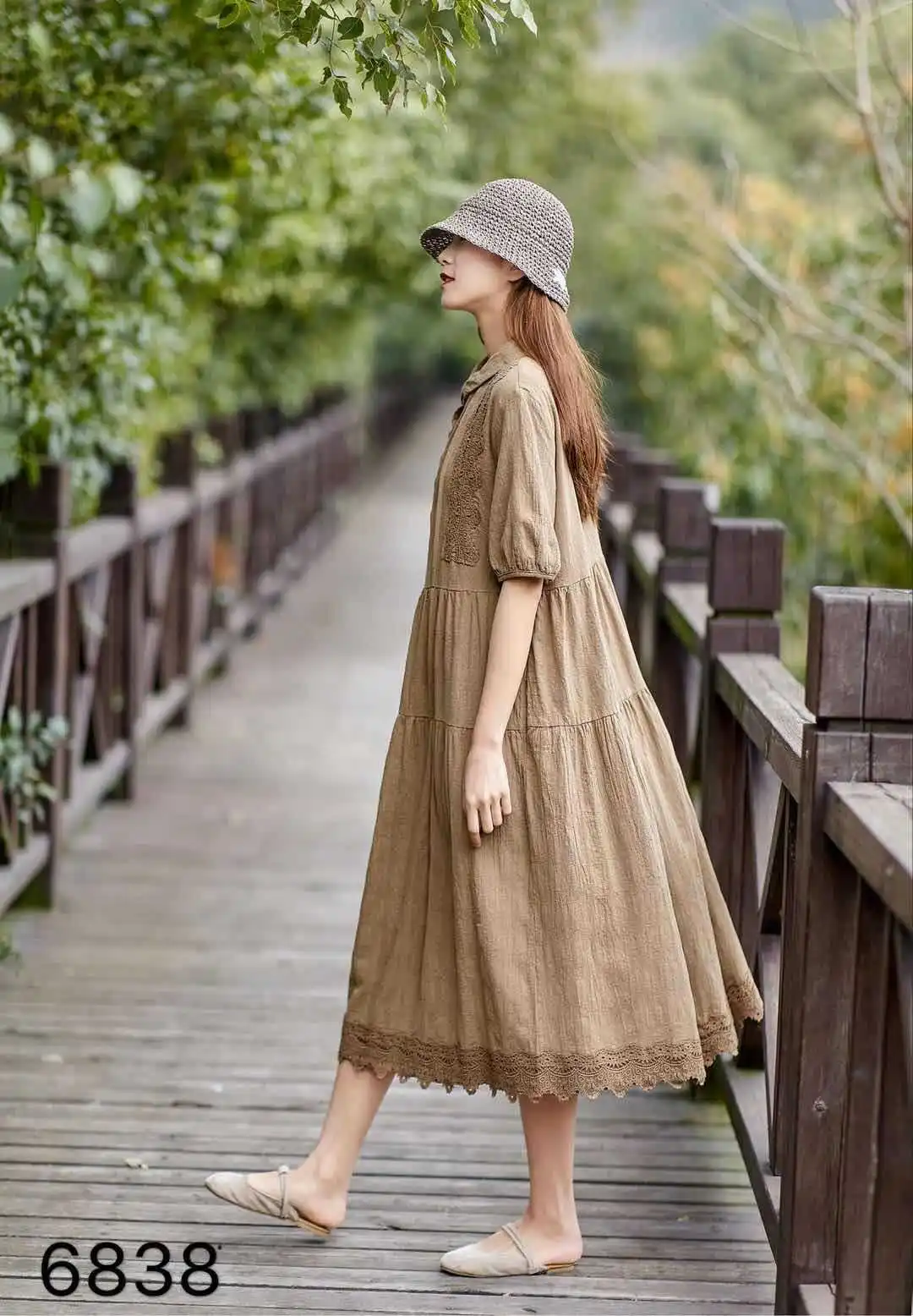 Autumn Mori Girl Loose Lace Patchwork Lantern Sleeve Cotton and Linen Short-sleeve Dress Women A-line Doll Dress Robe Tunic