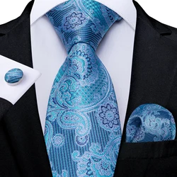 Designer Blue Paisley Floral Silk Ties For Men Luxury Wedding Accessories Men's Neck Tie Set Handkerchief Cufflinks Men's Gift