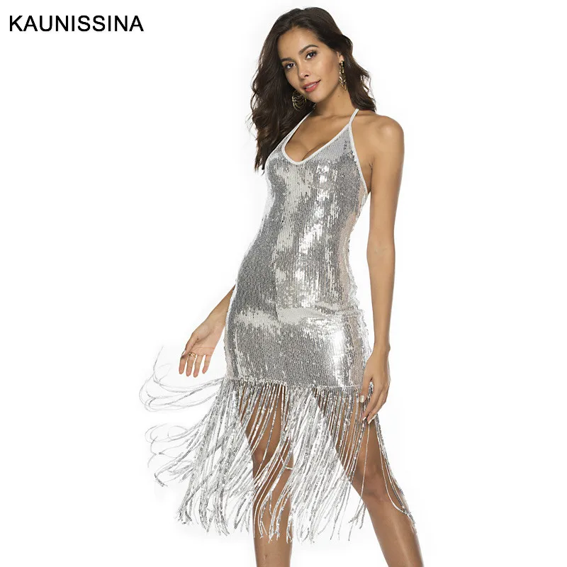 KAUNISSINA Sequin Tassel Cocktail Dresses Sexy Club Wear Party Dress Halter Strap Backless Party Gown Cocktail Dress - Цвет: Серебристый