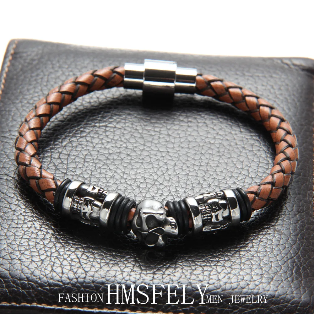 

HMSFELY Genuine Leather Men's Bracelet 316l Stainless Steel skull Beads Rope Bracelets Bangles For Men Magnetic Cuff Bangles