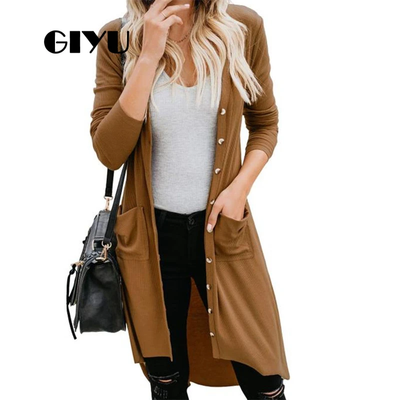 

GIYU Solid Long Sleeve Knit Midi Cardigans Autumn Basic Sweater with Pockets Single Breasted Jumpers Loose sueter mujer invierno