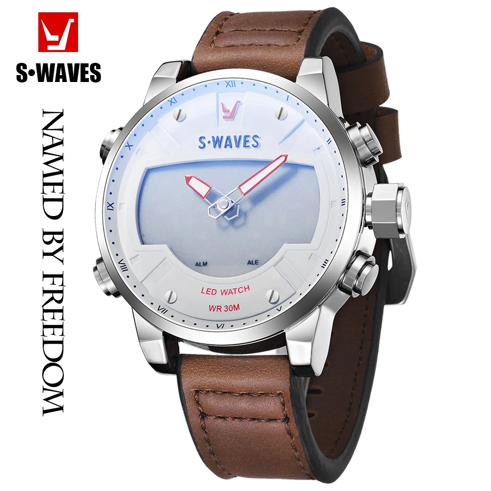 Watches Mens 2019 Analog Digital LED Leather Band Reloj Hombre Quartz Silver White Waterproof Military Watch Men SWAVES Brand |