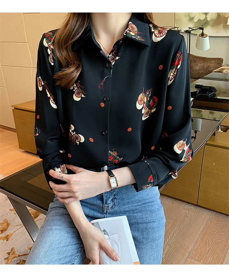 coreano feminino chiffon camisa primavera manga longa floral impresso elegante feminino solto blusas tops roupas femininas túnicas