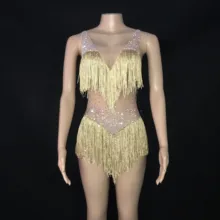 AB Цвет камни прозрачный золотой с кисточками боди День Рождения Праздновать танец наряд вечернее для женщин певица Пром бахрома купальник