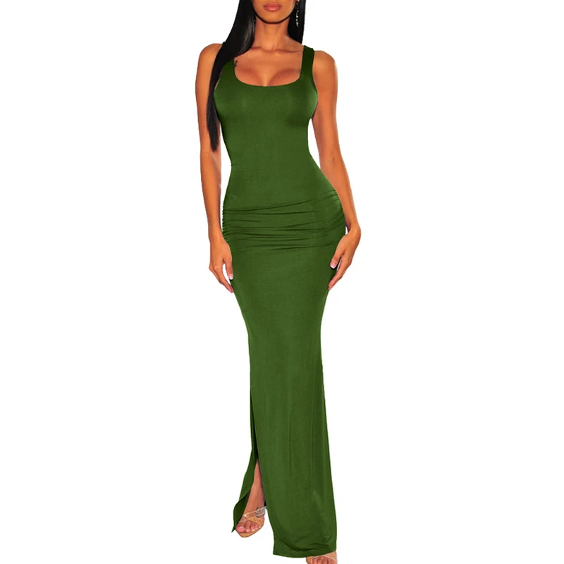 

Sexy Sleeveless Bodycon Dresses For Women Skinny Slim Spring Summer Stretch Pleated Party Dress Female Long Dresses Vestidos