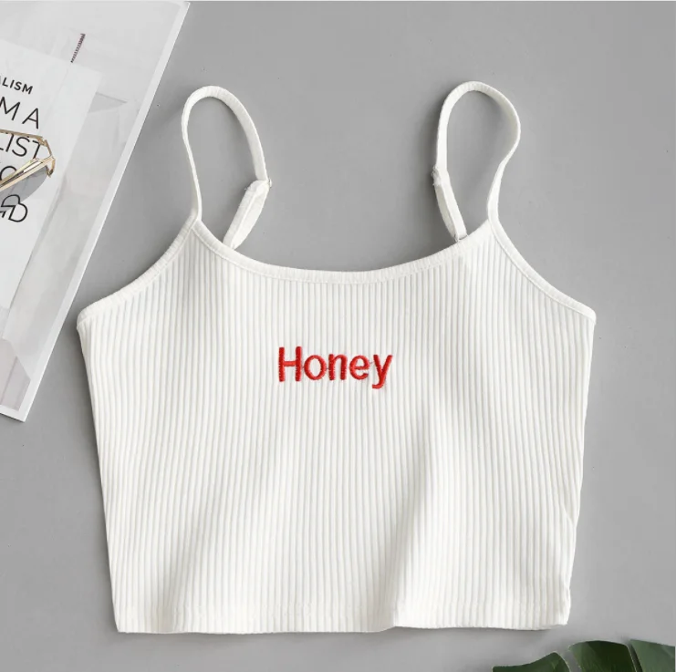 Сексуальный женский укороченный топ с надписью «honey» и вышивкой, летние топы на бретелях, милые женские эластичные топы-майки
