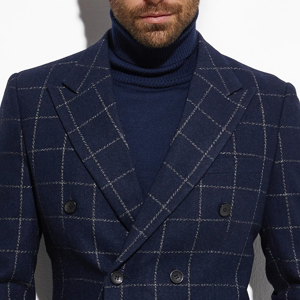 

2020 Tweed Jacket Double Breasted Blazer Navy Windowpane Jacket with Wide Peak Lapel Custom Made Warm Slim Wool Blend Blazer