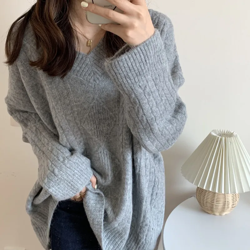 Alien Kitty Korean Slouchy Gentle Loose V-Neck Diamond Small Twist Show Thin Pullover Fashion Versatile Casual Thickened Sweater | Женская