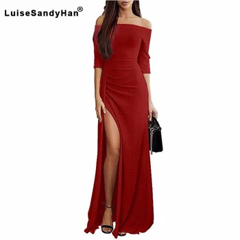 

Women Hip Slit Collar Dress Long strapless neck sexy plus size half sleeve solid floor length Folds