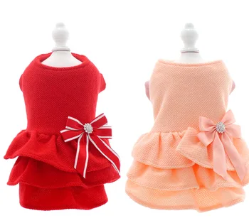 

Red Pink Colors Warm Dresses with Big Bow Decor Dog Clothes for Autumn and Winter Thick Warm Fantasia Cachorro Pet Dresses