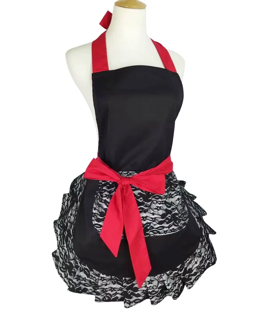 Hot Retro Black Lace Flirty Apron with Pocket Floosum Fun Retro Sexy Cooking Pinup Kitchen Aprons for Women Girls Gift Dress