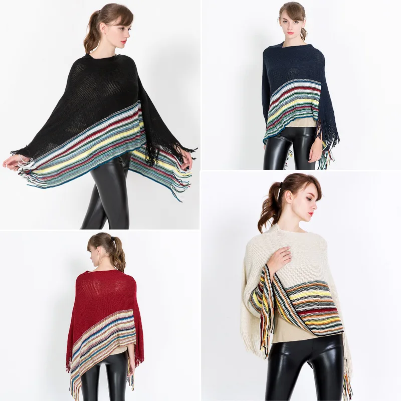 

Fashion Women Ponchos Knitted Shawls National Capes Autumn Winter fringed pullover ponchos and capes