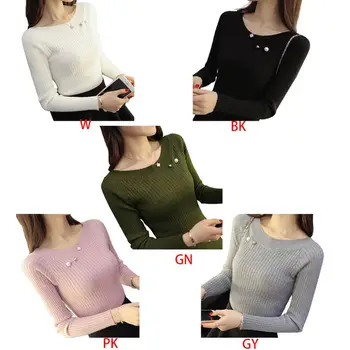 

Women Winter Faux Wool Knit Sweater Sexy Boat Neck Slim Fit Pullover Tops Solid Color Imitation Pearl Bead Elastic Jumper Shirt