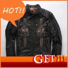 Осенне-зимняя Толстая мужская куртка из воловьей кожи, винтажное пальто из натуральной кожи со стальным принтом черепа, стоячий воротник, двойной меч, теплая куртка