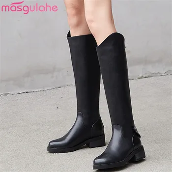 

Masgulahe 2019 winter genuine leather boots hot round toe knee high boots med heels black fashion womens riding boots