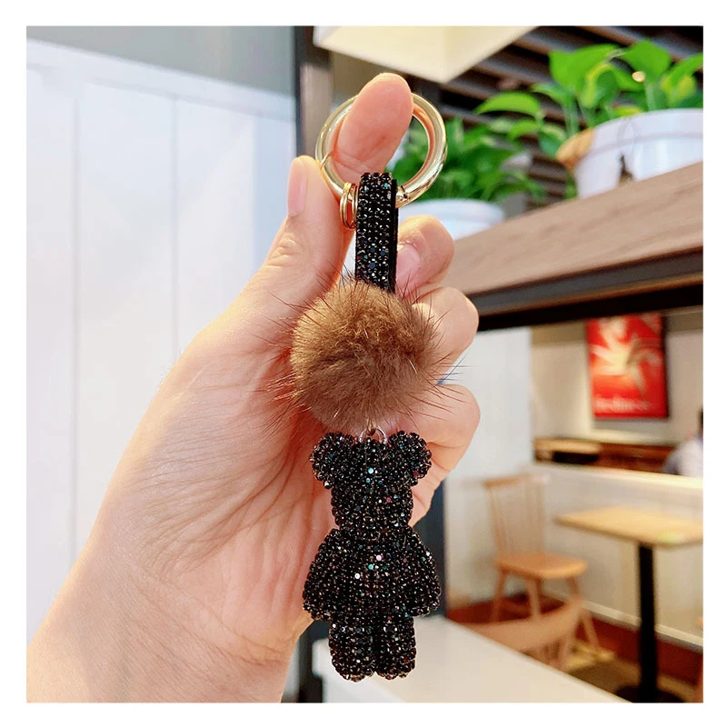 Rhinestone Cute Bear Key Chain Tassels Keychain Anti-lost Pendant Holiday  Car Key Ring Chain Holder