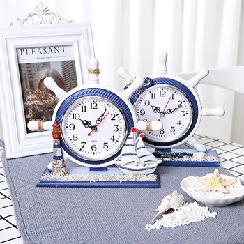 

Mediterranean Style Wood Anchor Clock Hanging Wall Clock Ship Wheel Desk Table Clock for Bedroom Living Room Nautical Decor