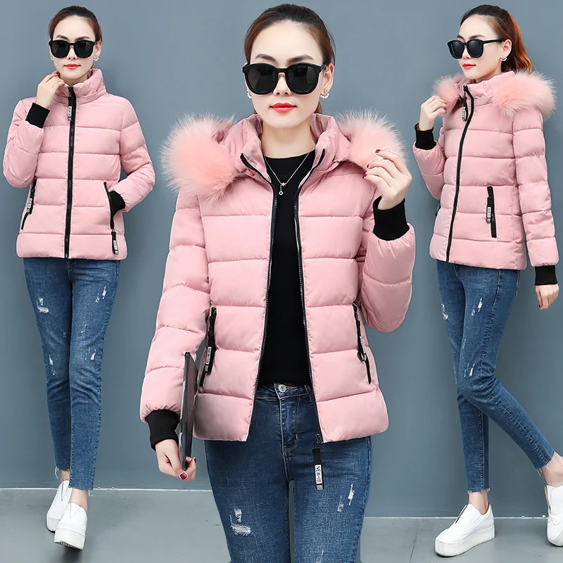 C-Pink Зимняя женская одежда, тонкое теплое Женское пальто с капюшоном, одноцветное, размера плюс, на молнии, короткий пуховик, хлопковая куртка, верхняя одежда, стеганая куртка - Цвет: C-Pink