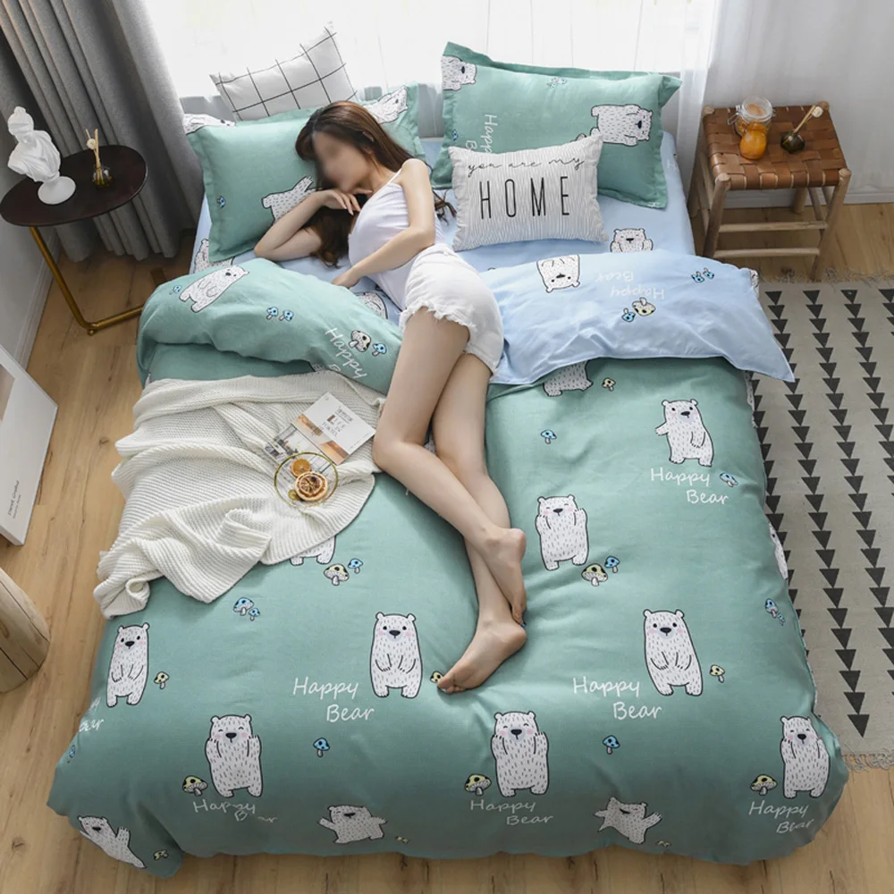 

Happy bear green / White bed linens set sheet pillowcase & duvet cover sets Double Queen sizes bedding set for comforter 3pcs