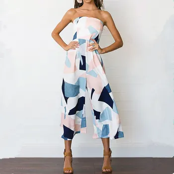 

Women Summer Geometric Print Strapless Jumpsuit Wide Leg Long Pants Sleeveless Playsuit Rompers