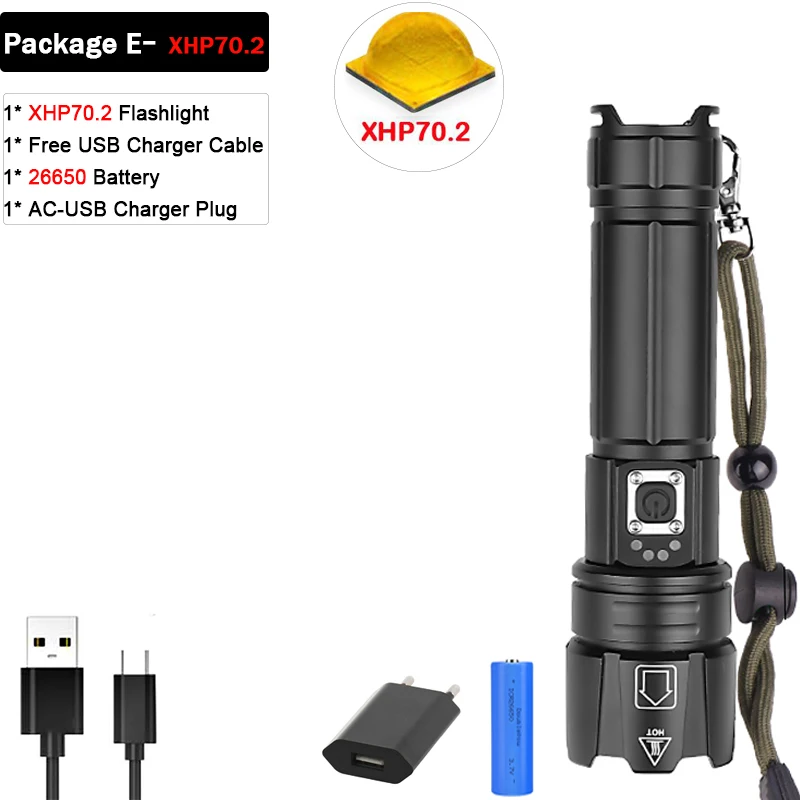 Package E-XHP70.2 XHP90 XHP70.2 светодиодный фонарик с зарядкой от USB фонарик с зумом светодиодный фонарь Водонепроницаемый фонарь для охоты фонарик супер яркий - Испускаемый цвет: Package E-XHP70.2
