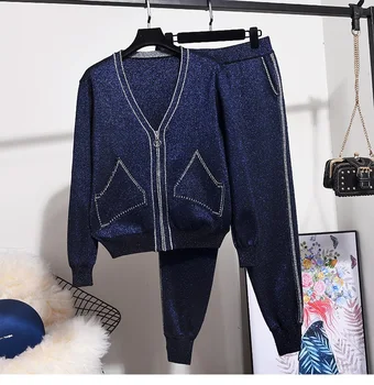 

Bright Silk Cardigan Tracksuit Long sleeve Pullover + Pencil Pants Women Outfits Autumn Fashion Loose Sports Knitted 2pcs