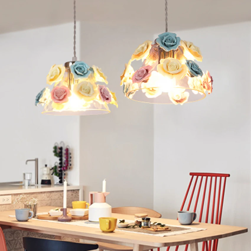 Modern LED Flowers Pendant Lights Glass Pendant Lamp Lighting Colored Ceramic Decor Lamp Loft Living Room Bedroom Light Fixtures