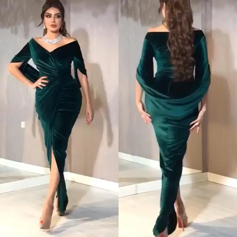 

Dark Green Velvet Mother Of the Bride Dress Front Slit V Neck Formal Women OL Gown Wedding Guest Party Dresses YSAN930