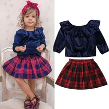 2-7Y модная детская одежда для маленьких девочек; комплекты одежды; синие бархатные топы с длинными рукавами; клетчатые юбки; осенне-зимняя одежда