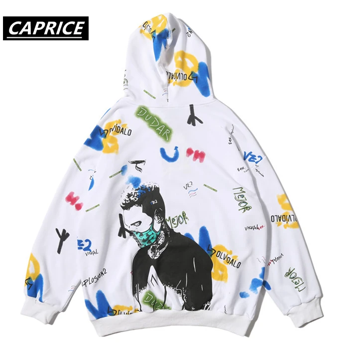 

Hip Hop Letter Ego Cactus Graffiti Print Fleece Hooded Hoodies Pullover Sweatshirt Streetwear Men Fashion Harajuku Casual Tops