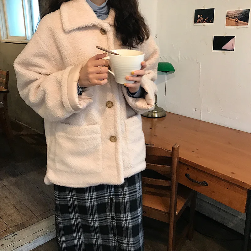 

Photo Shoot 2019 Korean-style Versatile Loose-Fit Solid Color Casual Lambs Wool Cotton Coat Tops Women's