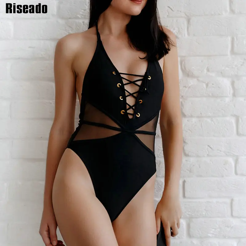 Baratos Riseado Sexy malla traje de baño mujeres de encaje de una sola pieza traje de baño 2020 nuevo de alta bañador cortado Halter Body con cuello en V ropa de playa